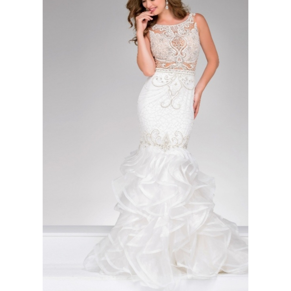 Jovani 36991 Ivory Beaded Sheer Mermaid Gown Pageant Wedding Dress Size 0
